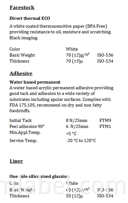 92j1522 Thermal Eco Paper Acrylic White Glassine Tds